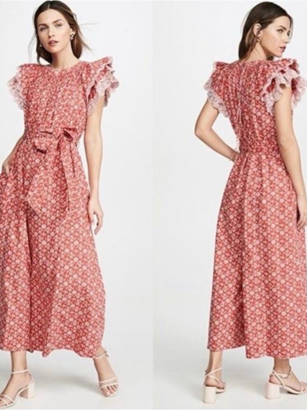 Ulla Johnson Landon Poppy Floral Red Wide Leg Ruffle Jumpsuit Size 6